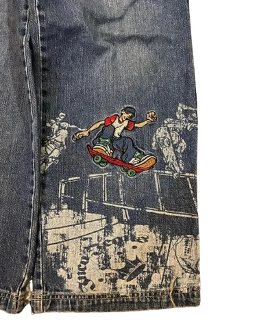 Streetwear Jeans Hip Hop Skateboard Graphic Embroidered Retro Blue